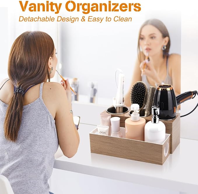 GFWARE Hot Hair Styling Tool Organizer with 3 Stainless Steel Cups, Wood | Hair Accessories Bathroom Vanity Storage, Hair Dryer, Blow Dryer, Curling Iron, Flat Iron, Hot Tools Cooling, Wood-Look