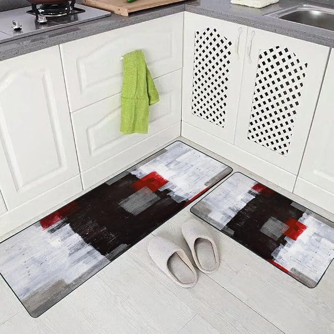 TOMWISH Red and Grey Abstract Art Painting Farmhouse Kitchen Rugs Area Rugs | Kitchen Rug 18"X48"+18"X30" Non Skid Washable Decorative Kitchen Mats Set of 2 for Kitchen Dining Room Floor Sink Laundry