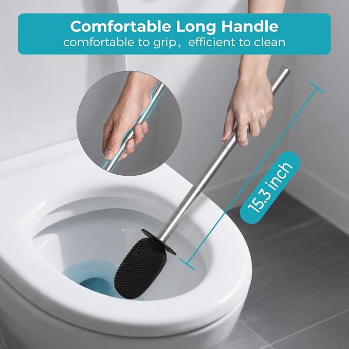 Sineng Silicone Toilet Brush, Stainless Steel Toilet Bowl Cleaner Brush | Long Handle and Flexible Bristles, Compact Toilet Bowl Brush with Weighted Base for Modern Bathroom RV Dorms