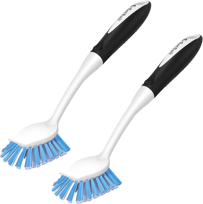 SetSail Dish Brush with Handle, 2 Pack Stiff Bristles Dish Scrubber with Built-in Scraper Dish Scrub Brushes for Cleaning Dishes, Pots and Pans, Kitchen Sink | Built-In Scraper Tip, Non-Slip Rubber Handle, Hanging Loop for Storage Deep Cleaning for Dis...