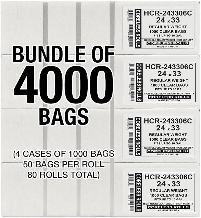 Aluf Plastics 16 Gallon 6 Micron (eq) Clear Trash Bags 24" x 33" 4000 Count