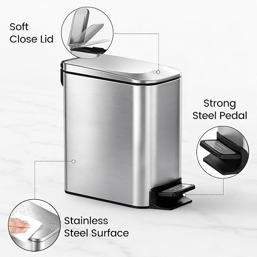 TIPGO Small Bathroom Trash Can with Lid, 1.6 Gal, Soft Close, Silver | Foot Pedal, Soft Quiet Lid, 5.9'' Slim for Narrow Space, Stainless Steel, Anti-fingerprint, Removable Inner Bucket, Odor Seal