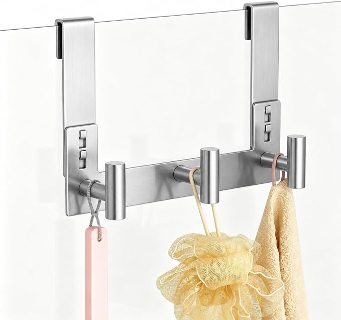PMMASTO Long Shower Hanger for 3/8 Inch Glass, Silver- 3 Hooks, T Shape | Stainless Steel Hooks Organize Towels And Robes on Frameless Glass Shower Doors in Bathrooms