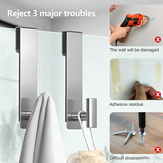 PMMASTO 7.5 InchShower Door Hooks, Silver- T Shape | Stainless Steel Hooks Organize Towels And Robes on Frameless Glass Shower Doors in Bathrooms