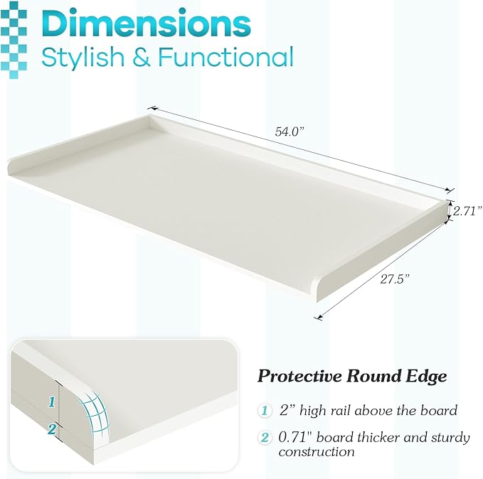 Washer Dryer Countertop, Melamine Countertop with Edge Rails - 27.5" Depth x 54" Width Laundry Room Organization, White