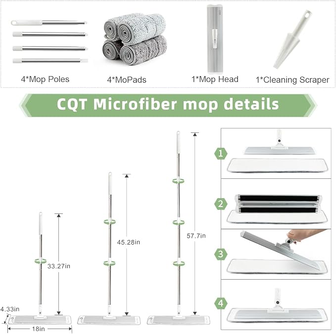 CQT 18" Commercial Flat Microfiber Floor Mop Cleaning System with 4 Washable Pads Cleaner for Home Cleaning