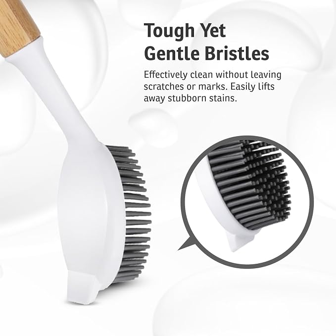 Bamboo Dish Brush with Handle – Kitchen Dish Brush with Nylon Bristles | Bamboo Dish Brush with Handle – Wooden Scrub Brush for Cast Iron, Sink, Pots & Dishes – Durable Dish Scrubber for Cleaning