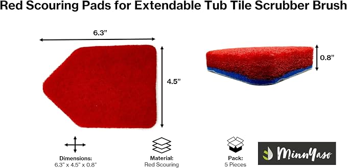 Red Scouring Pads, Fit Extendable Tub Tile Scrubber Brush | 5 Pack Scrub Pads Refill Replacement Pads for Cleaning Bathroom Kitchen Toilet Tile, Compatible Fit Moku, Yocada, Cleanhome