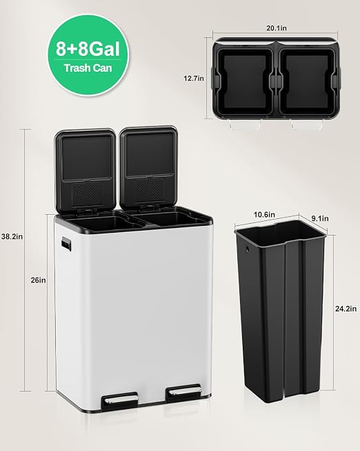 TLSUNNY 2 X 8 Gallon Double Compartments Kitchen Trash Can, Stainless Steel | Dual Trash and Recycling Bins with Odor Control, Soft-Close Lid, Removable Inner Bucket, Handle, Pedal, for Home, White