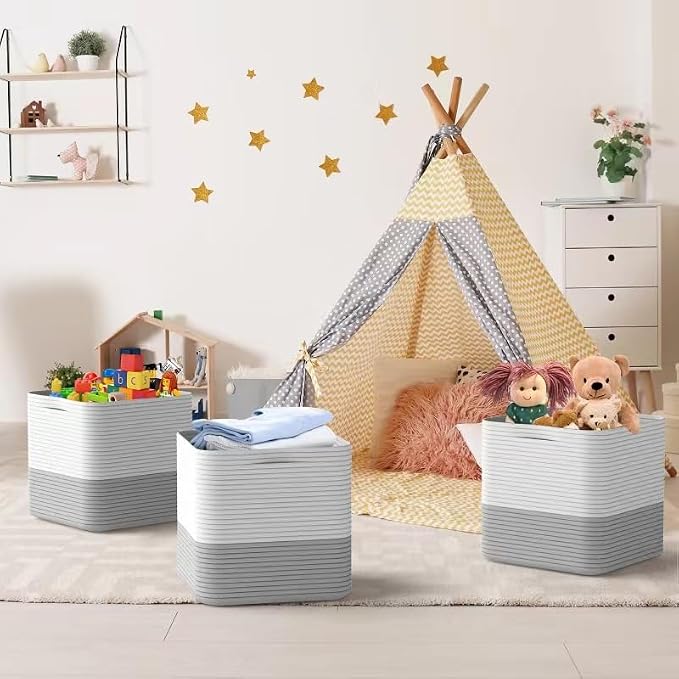 Storage Cotton Cubes 11 Inch, Woven Cotton Rope Storage Baskets for Toys Blanket Organizing, Storage Bins Decorative Organizer with Handles for Living Room Laundry Room Closet (3 Pack, Grey)