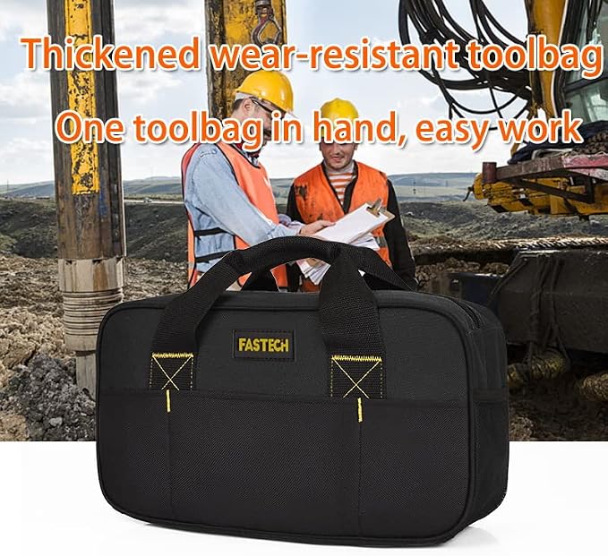 FASTECH Heavy Duty Tool Bag 14-Inch, Wide Mouth Tool Tote Bag, Waterproof Tool Organizer Bag, Electricians Repairman Tools Tote Bag (Black)