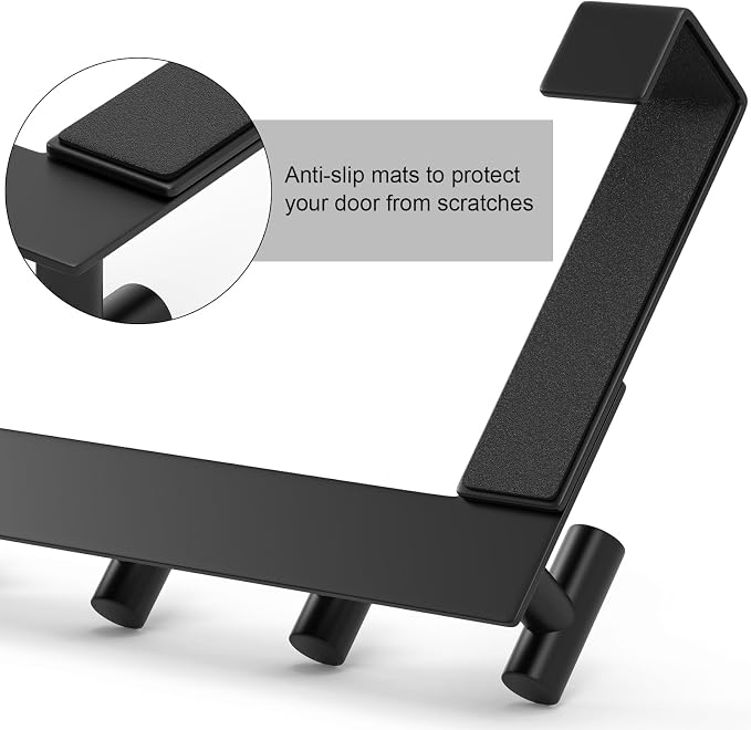PMMASTO Door Hanger for 1-3/4 Inch Doors, Black- 4 Hooks, T Shape | Stainless Steel Door Hooks Organize Coats Towels Robes in Bathrooms Bedrooms Closets