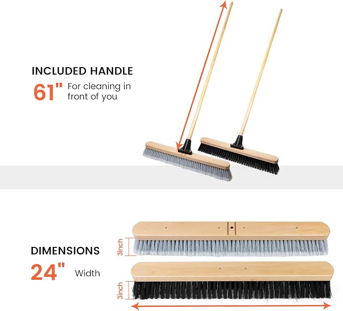 ALANNG 24” Push Brooms for Indoor and Outdoor, Heavy Duty Broom for Sweeping with 61” Wood Handle, Soft Bristle and Stiff Bristle Broom Set for Shop, Garage (2 Pieces)