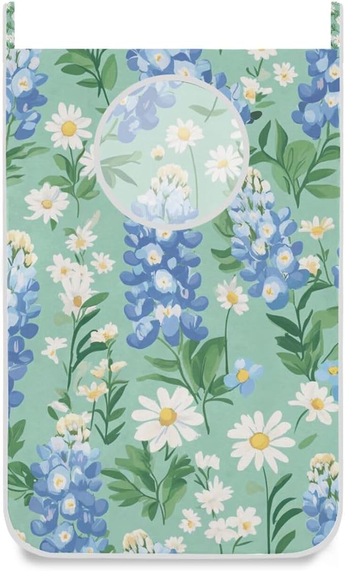 Mint Green Bluebonnet and Daisies Hanging Laundry Hamper Door Hampers Bag Basket with Stainless Steel Hooks Oxford Fabric Printing Decorative Clothes Bags 29.5X20inch 2Pack