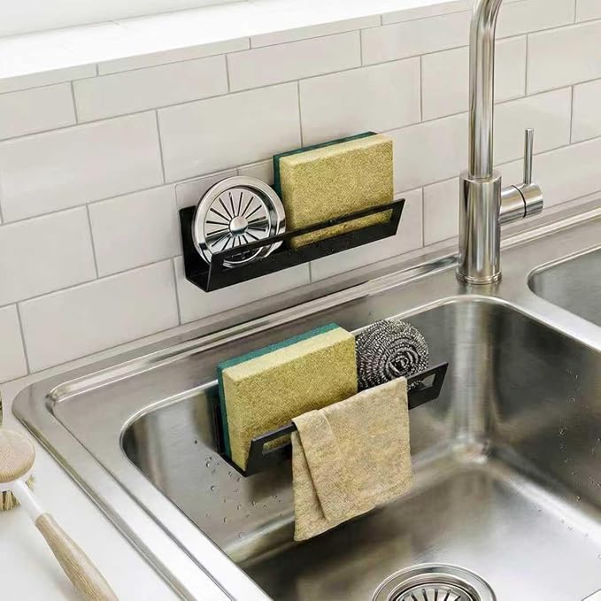 Epicano Sponge Holder for Kitchen Sink with Suction Cups & Adhesive Hook, Rustproof In-sink Sponge Holder, Space-saving Wall Hanging Sink Caddy Organizer Rack - Sponge, Dish Cloth, Brush- 2 Pack