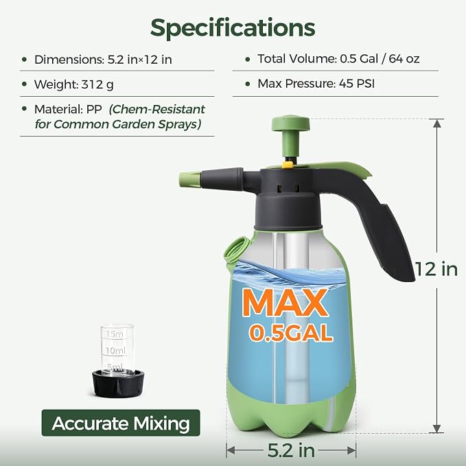T4U Pump Sprayer 0.5 Gallon, Garden Spray Bottle with Short Nozzle | Hand pressure sprayer with adjustable brass nozzle for plant watering, lawn care, fertilizing, pest control and home cleaning
