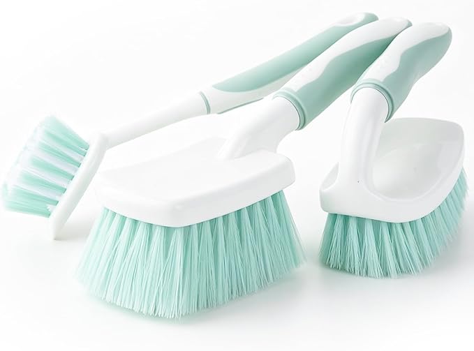 3 Pack Bathroom Scrub Brush Set, Heavy-Duty Scrub Brushes for Cleaning | Green Scrubbing Brush with Non-Slip Handle and Stiff Bristles for Cleaning Floor, Bathtub, Tub, Tile, Gap, Kitchen, Sink