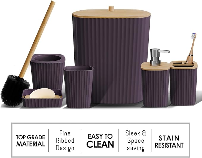 Clara Clark Bathroom Set - Purple Bathroom Accessories Set, 6PC Bathroom Accessory Set, Bathroom Sets with Adhesive Corner Shower Caddy Hanging, Toilet Brush, Trash Can & Soap Dispenser