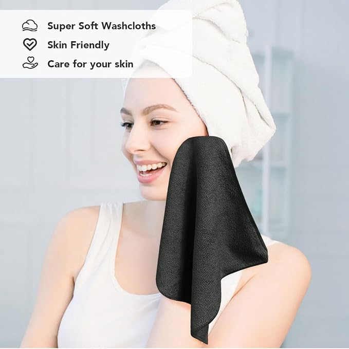 Orighty Washcloths Bulk, 200 Pack Microfiber Face Towels, 12x12 Inch Black | Highly Absorbent & Soft Feel, Multi-Purpose Wash Cloths & Hand Towels for Bathroom, Hotel, Spa, and Gym