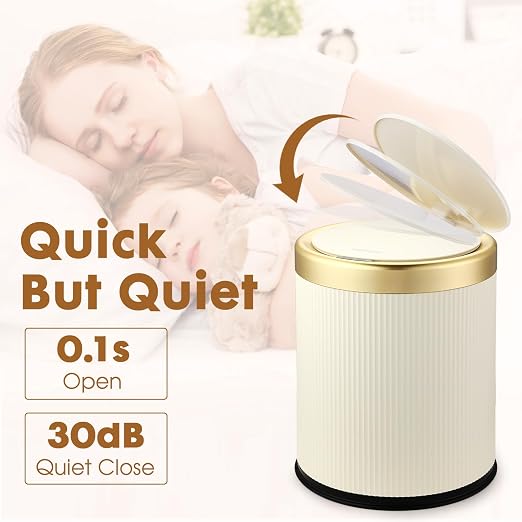Automatic Bathroom Trash Can with Lid, Touchless Trashcan White Gold | 3.7 Gallon Motion Sensor Garbage Can, Cute Modern trash bin,Smart Waterproof Trash Bin for Bedroom, Office, Restroom,Outdoor