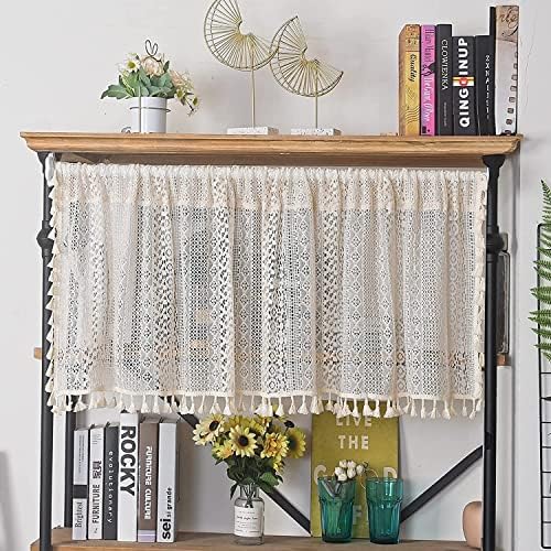 Sutuo Home Beige Boho Lace Short Curtain 36 inch Length for Kitchen Window Curtains Over Sink,Farmhouse Crochet Bohemian Valance Semi Sheer Vintage Chic Handmade Tassels, Rod Pocket,1 Panel 59" W