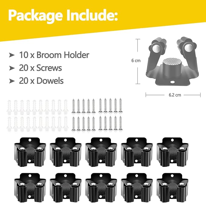 Verdenu 10 Pack Broom Holder Wall Mount, Mop Holder Wall Mounted, Stainless Steel Command Broom Holder with Screws, Garden Tool Rack Wall Mount for Kitchen, Home, Bathroom, Garage Storage, Black