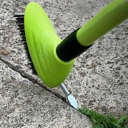 SakerPlus 3-in-1 Versatile Weed Brush Combo Set with Long Handle (2) | Crack Weeder Brush, Wire Floor Scrubber, Triangular Brush, Scraper, Steel Wire Bristles for Patio, Driveway, Deck