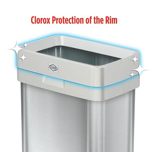 Clorox Slim Open Top Stainless Steel Trash Can, Silver, 13 Gallon / 50L | Narrrow Rectangular Garbage Bin with Hinged Rim Protection for Commercial Spaces, Kitchen, and Office Use