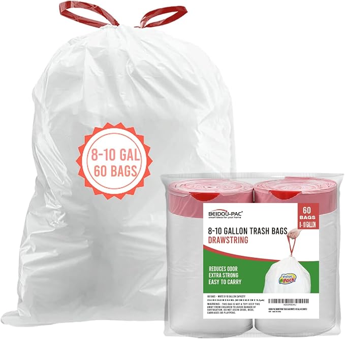BEIDOU-PAC Trash Bags 8-10 Gallon Drawstring, 60 Count Garbage Bags, Large Kitchen Trash Bags, Odorless & Heavy Duty White Plastic Food Scrap Bags for Bathroom Bedroom Office Waste