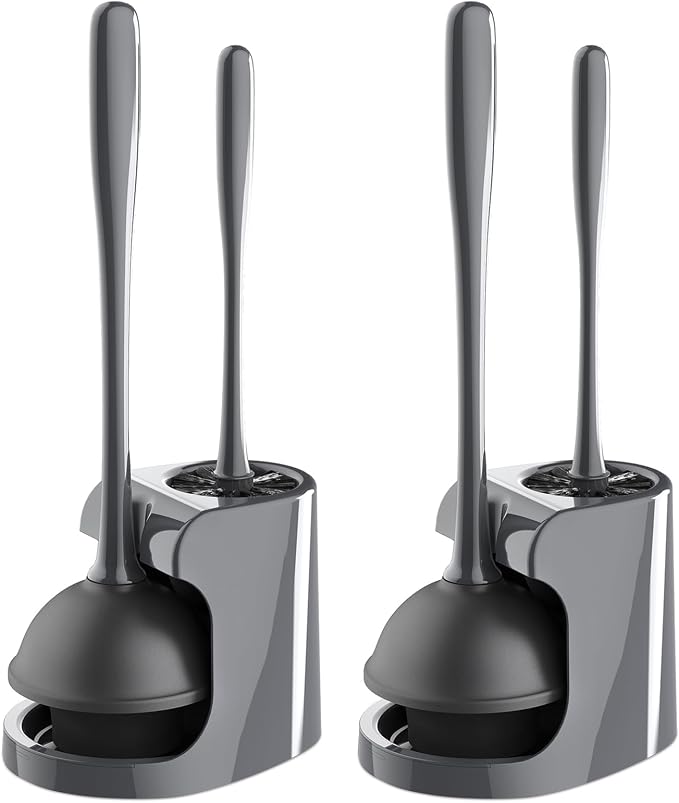MR.SIGA Toilet Plunger and Brush Combo for Toilet Cleaning, Gray, 2 Set | Heavy duty toilet brush and plunger set, toilet bowl brush and plunger with holder