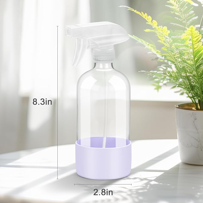 Glass Spray Bottles - 2 Pack 16 oz Clear Spray Bottles with Silicone Sleeve | Adjustable Nozzle, Mist/Stream, Refillable, Leak-proof, Anti-slip, Perfect for Hair, Cleaning Solutions, Plants, Purple