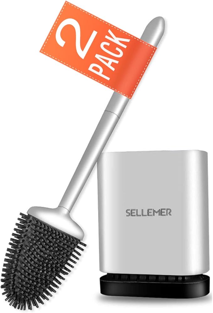 Silicone Toilet Brush, Ventilation Slots Base Holder 2 Pack Silver | Flexible Bristles Flat Head for Rim, Hair Tangle-Free, Easy to Clean, Compact Design, Rustproof Handle, for Toilet/Sink/Tub