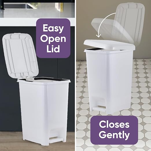 Superio Slim Step On Pedal Plastic Trash Can, Waste Bin for Under Desk, Office, Bedroom, Bathroom, Kitchen (10.5 gal) (White Smoke, 2 Pack)