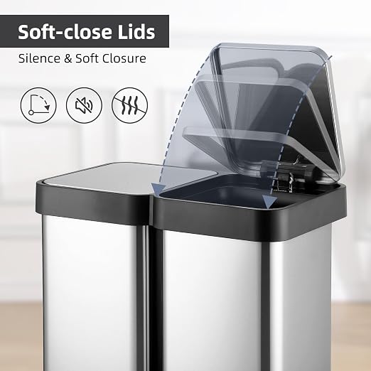 16 Gallon Dual Trash and Recycling Bin, 60L(2x30L) Fingerprint Proof Stainless Steel Kitchen Garbage Can with Double Lid, Hands-Free Step Rubbish Bin without Inner Bucket for Kitchen Home Office