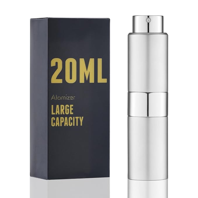 Travel Perfume Bottle Refillable 20ml, Cologne Spray Atomizer Large, Silver | Empty spray for fragrance, leak proof, mini size, twist up, portable, refill small decanter, for men & women, TSA friendly