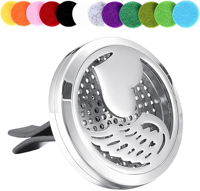 Car Air Freshener Aromatherapy Essential Oil Diffuser - Heart Angel Wings Stainless Steel Locket,12 Refill Pads (30Mm)