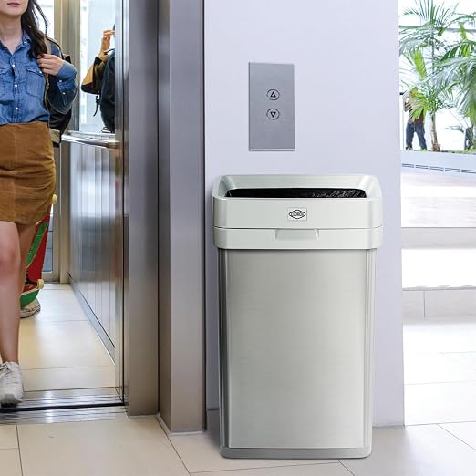 Clorox Slim Open Top Stainless Steel Trash Can, Silver, 13 Gallon / 50L | Narrrow Rectangular Garbage Bin with Hinged Rim Protection for Commercial Spaces, Kitchen, and Office Use