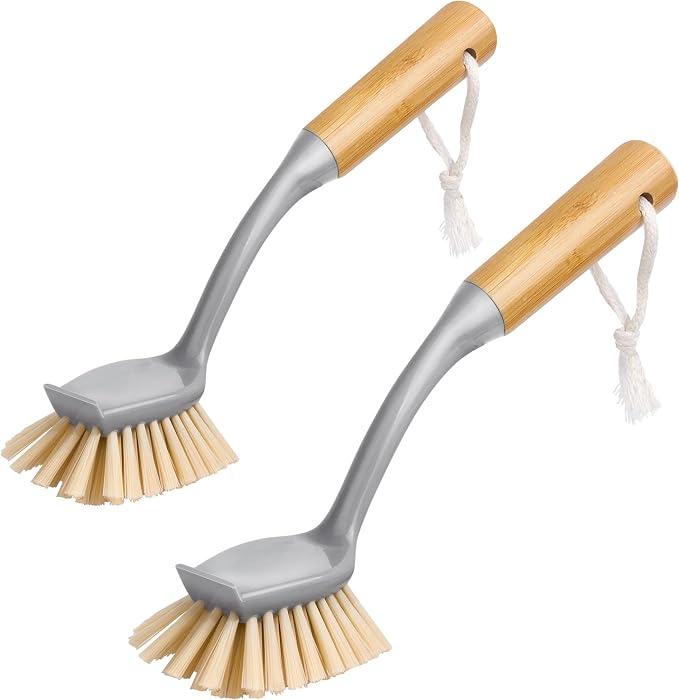 MR.SIGA Dish Brush with Bamboo Handle Built in Scraper, Pack of 2 | Scrub brush for dishes, pans, pots, kitchen sinks cleaning, dish scrubber with handle, safe for non stick cookware
