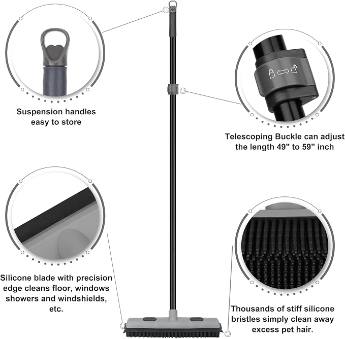 Pet Hair Removal Rubber Broom with Squeegee with 59" Long Handle | Carpet Rake for Pet Hair, 59" Telescoping Long Handle, Fur Remover Rake for Carpet, Hardwood Floor,Tile