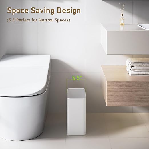 Small Bathroom Trash Can 2.4 Gallon Wastebasket Slim Metal Garbage Can Stainless Steel Trash Bin for Bedroom,Office,Kitchen,Toilet, rv, Near Desk, Under Sink (White)