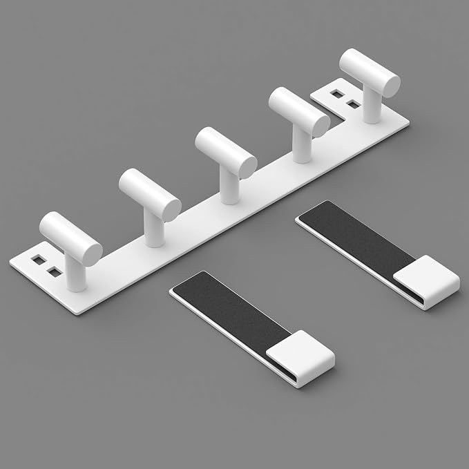 PMMASTO White Extra-Long Shower Door Hanger, 5 T-Hooks, Fits 3/8-Inch Glass | Extra-Long Heavy-Duty Stainless Steel, 5 T-Shaped Hooks, for Bathrobes and Towels on Frameless Glass Shower Doors
