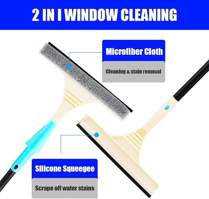 61" Window Squeegee with Long Extension Pole, 2-in-1 Streak-Free Glass Washer & Scrubber Kit with 5 Reusable Microfiber Pads & Clips, Professional Window Cleaning Tool for Home Outdoor High Windows
