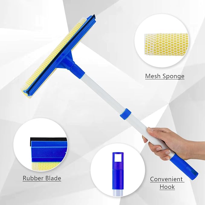 Bryquelin Window Squeegee for Home,2 in 1 Squeegee Window Cleaner with 18"" Long Handle,Sponge Car Window Squeegee for Gas Station, Glass,Shower,Outdoor High Window Cleaning