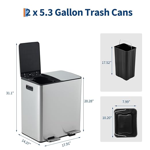 Dual Compartment Stainless Steel Kitchen Trash Can, 2 x 5.3 Gallon (20L) Removable Inner Buckets, Soft-Close Lid, Odor-Sealing, Foot Pedal, Rust-Proof & Space-Saving Waste Bin for Recycling