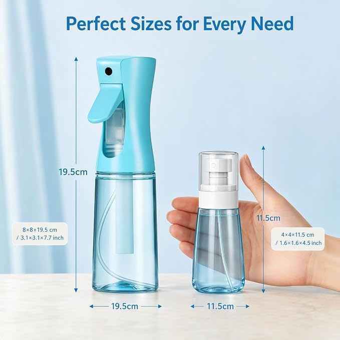 2 Pack Spray Bottles, 6.8oz(200ml) Continuous Spray Bottles & 2oz(60ml) Travel Spray Bottle, Refillable Pink Water Sprayer for Hairstyling, Barbers, Plants, Cleaning, Skincare (blue)