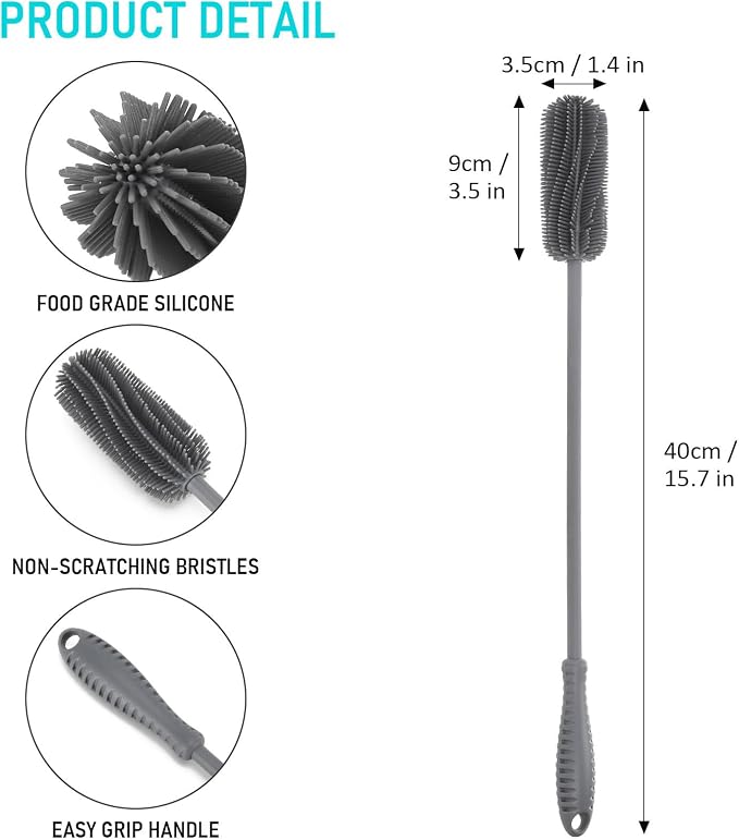 15.7" Silicone Bottle Brush, ddLUCK Water Bottle Cleaner Brush for Stanley, Hydroflasks, Glass, Thermos Sports Bottle, Vase and Glassware, Bottle Brush Cleaner for Small Narrow Neck Containers (Gray) | Water Bottle Cleaner for Baby Bottles, Hydro Flask...