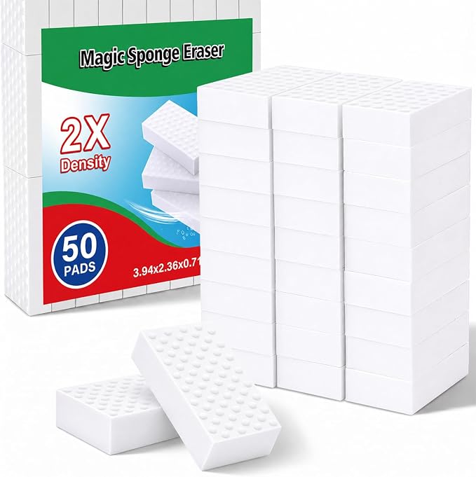 50 Pack High-Density Magic Melamine Sponge Eraser, Extra Durable Nano Cleaning Pads Supplies for Multi-Surface, Non-Crumbling Scrubber for Walls, Shoes, Kitchen & Bath, Just Add Water
