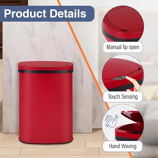 PayLessHere | 13 Gallon Stainless Steel Trash Can | Red | Automatic Touchless Lid with Motion Sensor | Kitchen Garbage Can with Waterproof Design | for Home, Office, Bathroom | Pack of 1