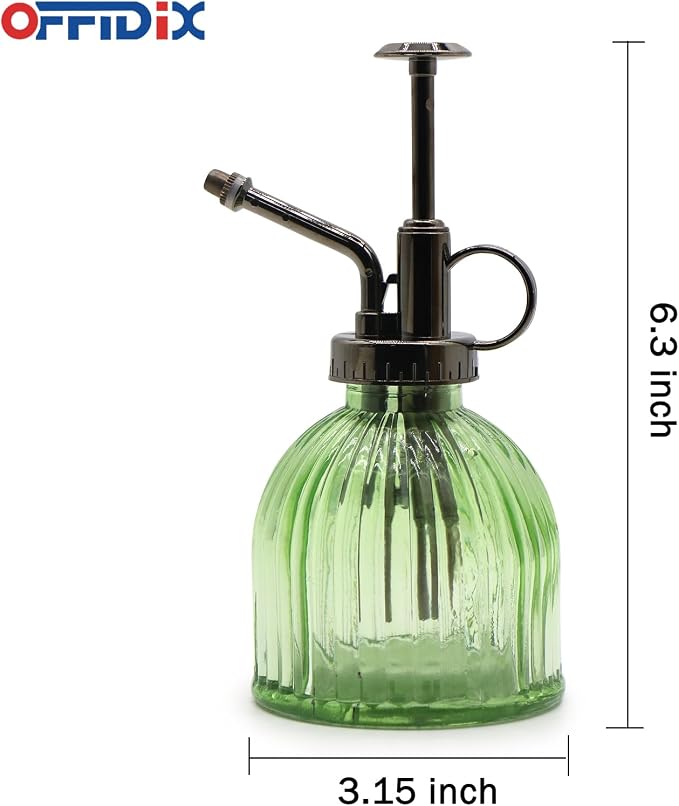 OFFIDIX Glass Plant Mister, Vintage Style Spray Bottle 6.7oz Light Green | 6.3" Tall, Spritzer Bronze Plastic Top Pump, 200ml One Hand Watering Can Indoor, Glass Spray Bottle for Garden Small Plant