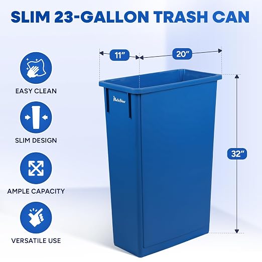 PLASTIC PRINCE 23 Gallon Slim Trash Can Kitchen, Commercial Tall Trash Bin Narrow, Rectangular Slim Jim Skinny Garbage Can for Home Garage Cabinet Restaurant, 6 Pack, Blue